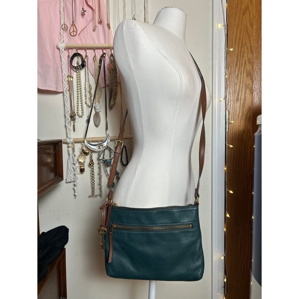 Fossil Green Leather Crossbody with Brown Trim - Picture 3 of 9